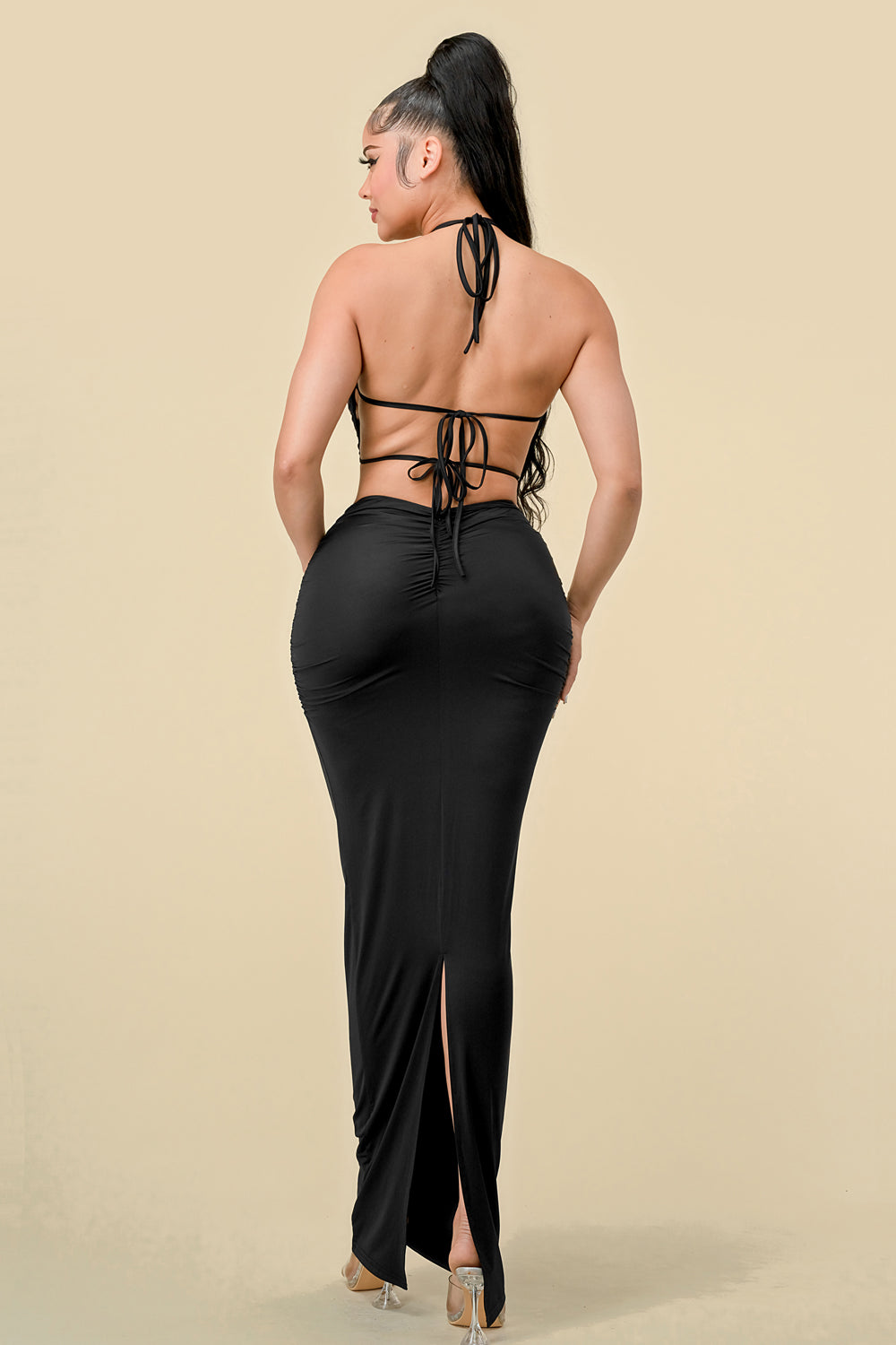 Formal Dresses Long Halter Neck Front Twist Fitted Dress Black