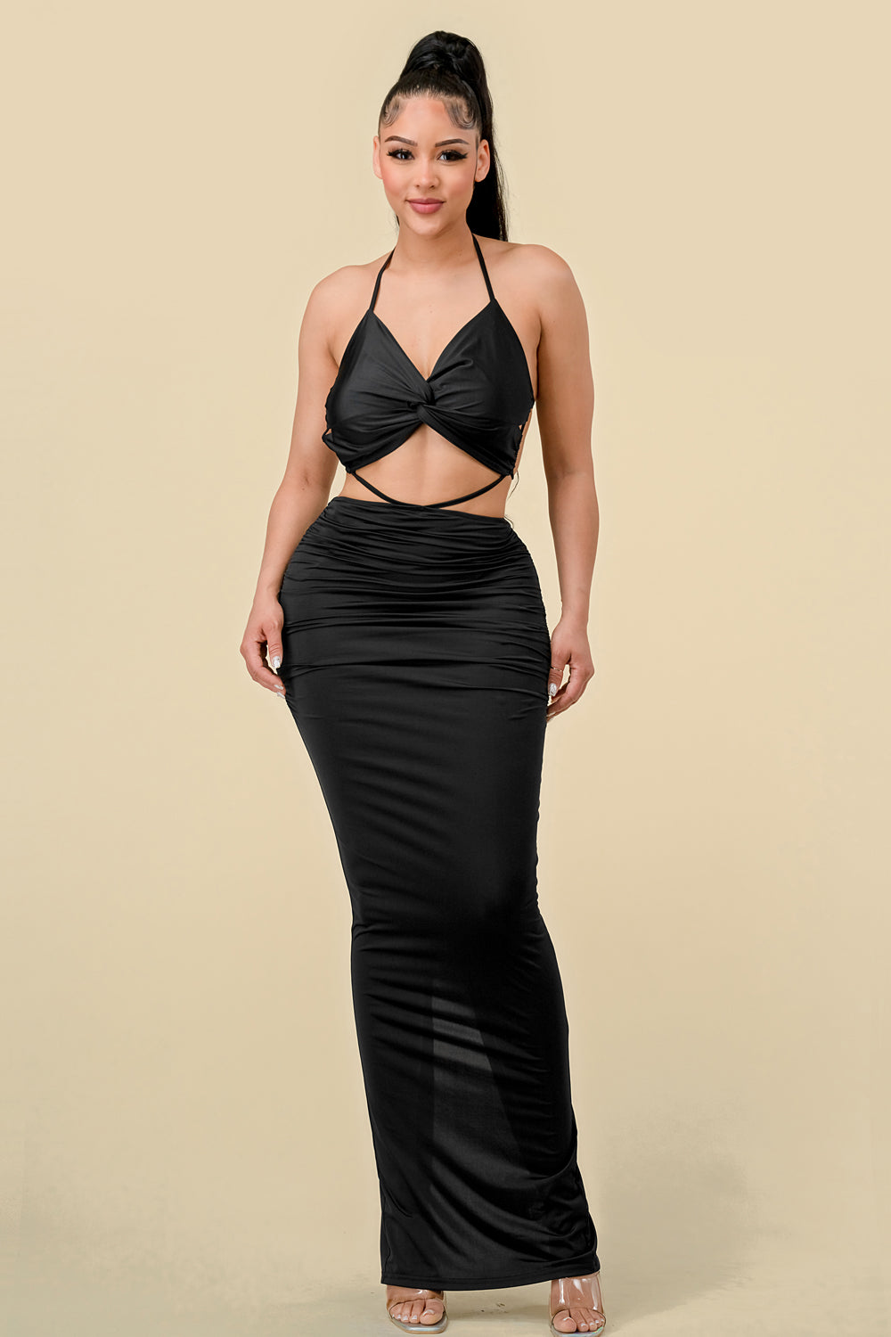 Formal Dresses Long Halter Neck Front Twist Fitted Dress Black