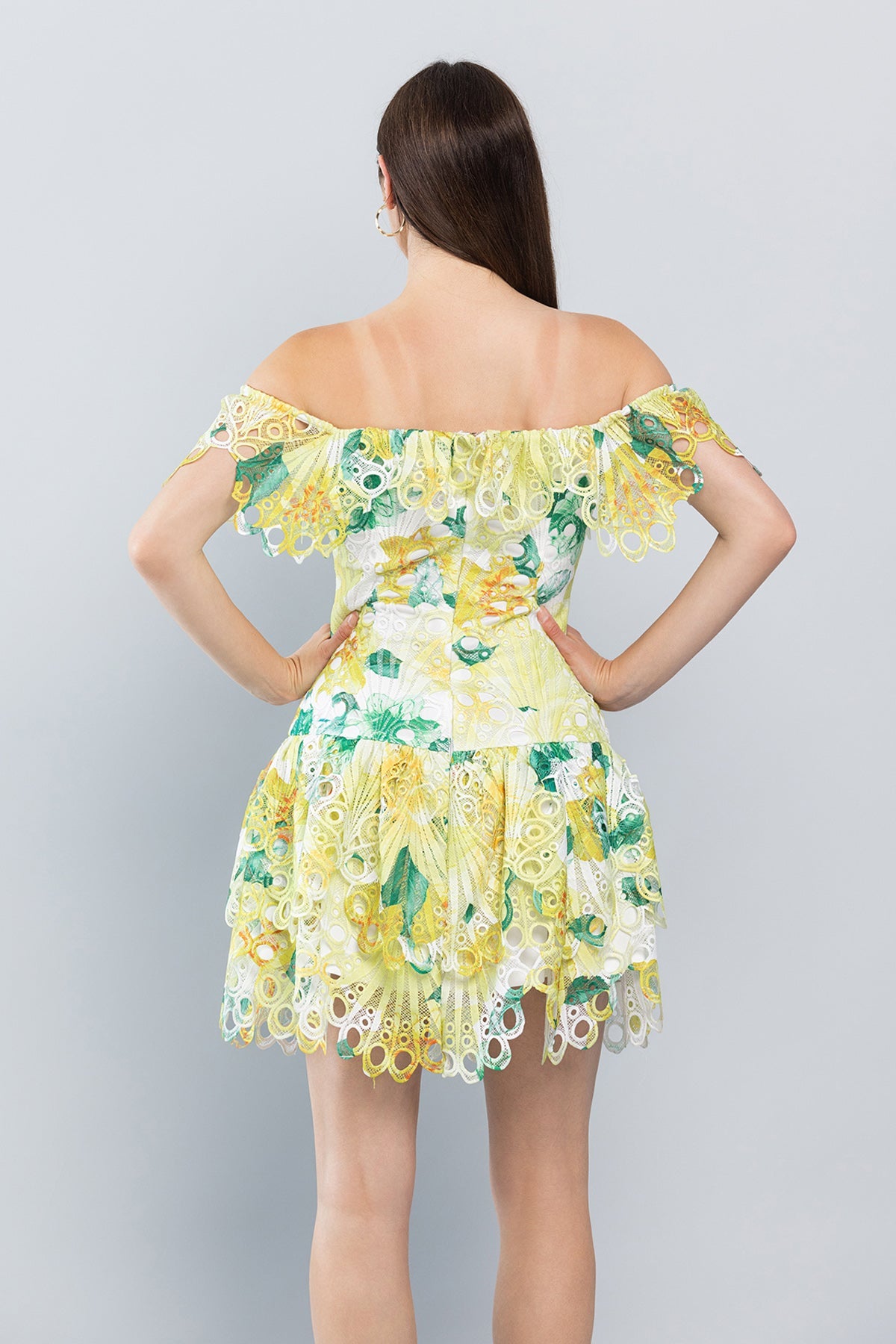 Cocktail Dresses Short Off Shoulder Printed Lace Dress Lt. Green Print