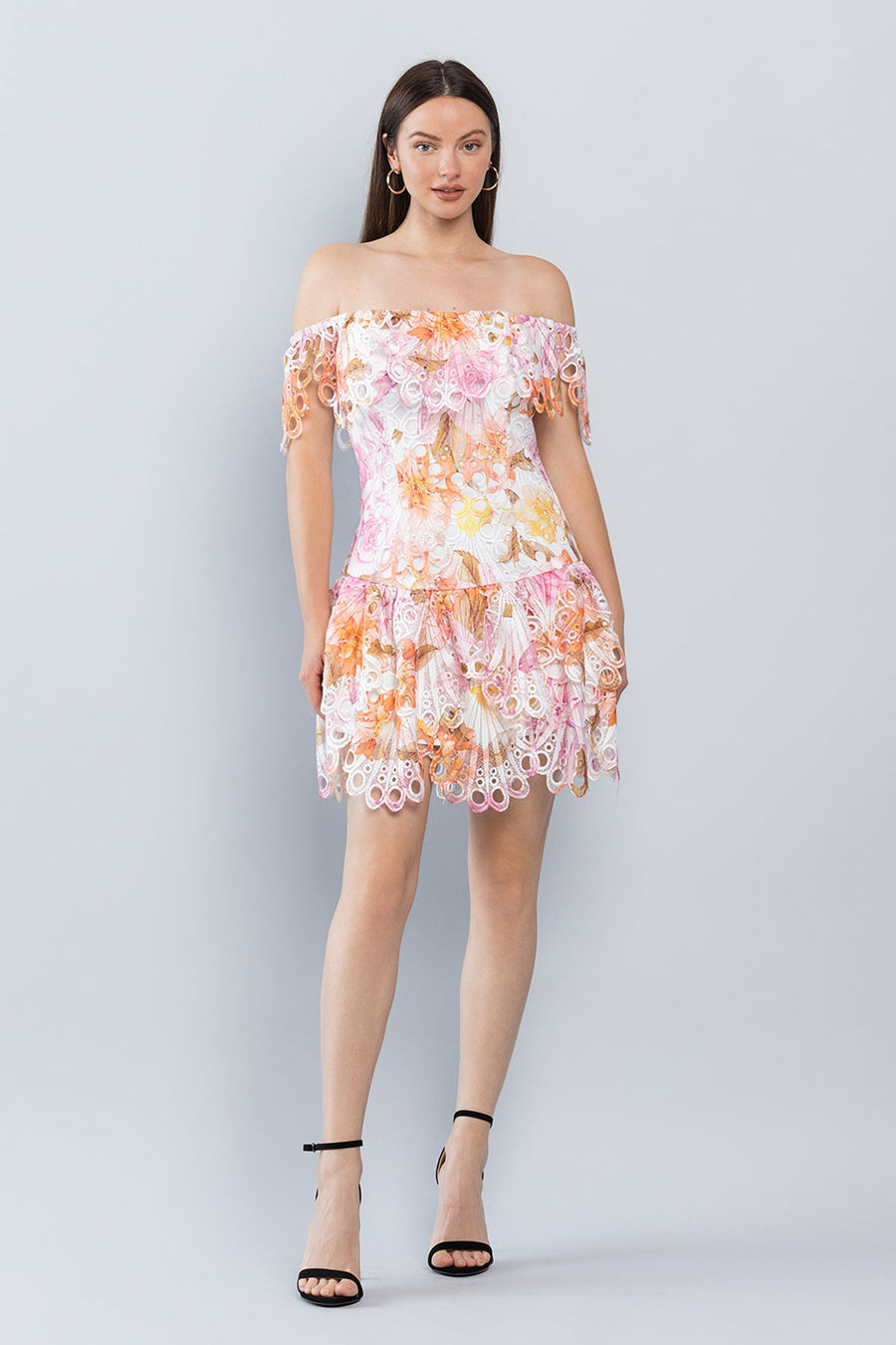 Cocktail Dresses Short Off Shoulder Printed Lace Dress Pink Print