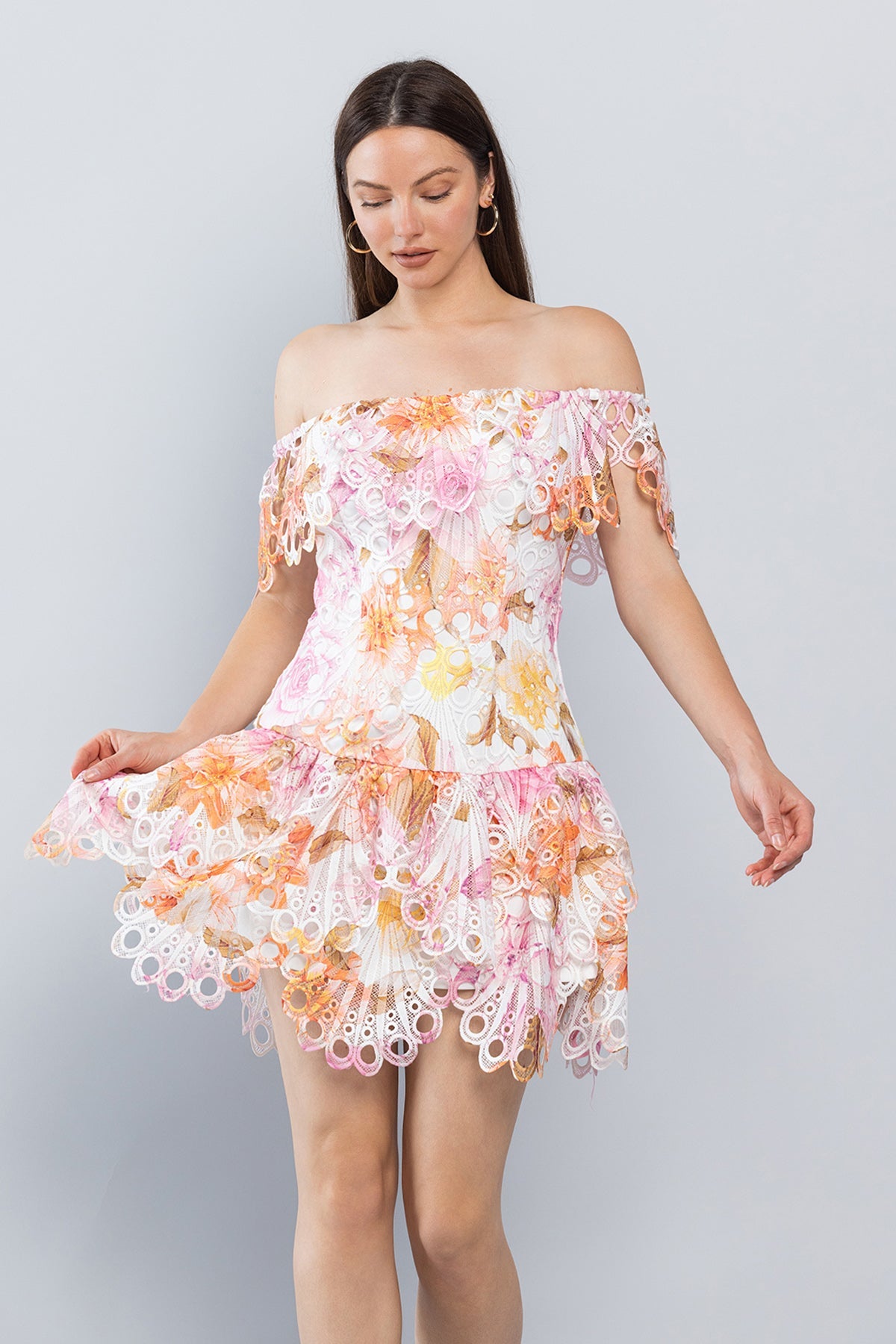 Cocktail Dresses Short Off Shoulder Printed Lace Dress Pink Print