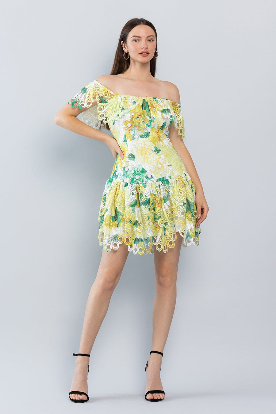 Cocktail Dresses Short Off Shoulder Printed Lace Dress Lt. Green Print