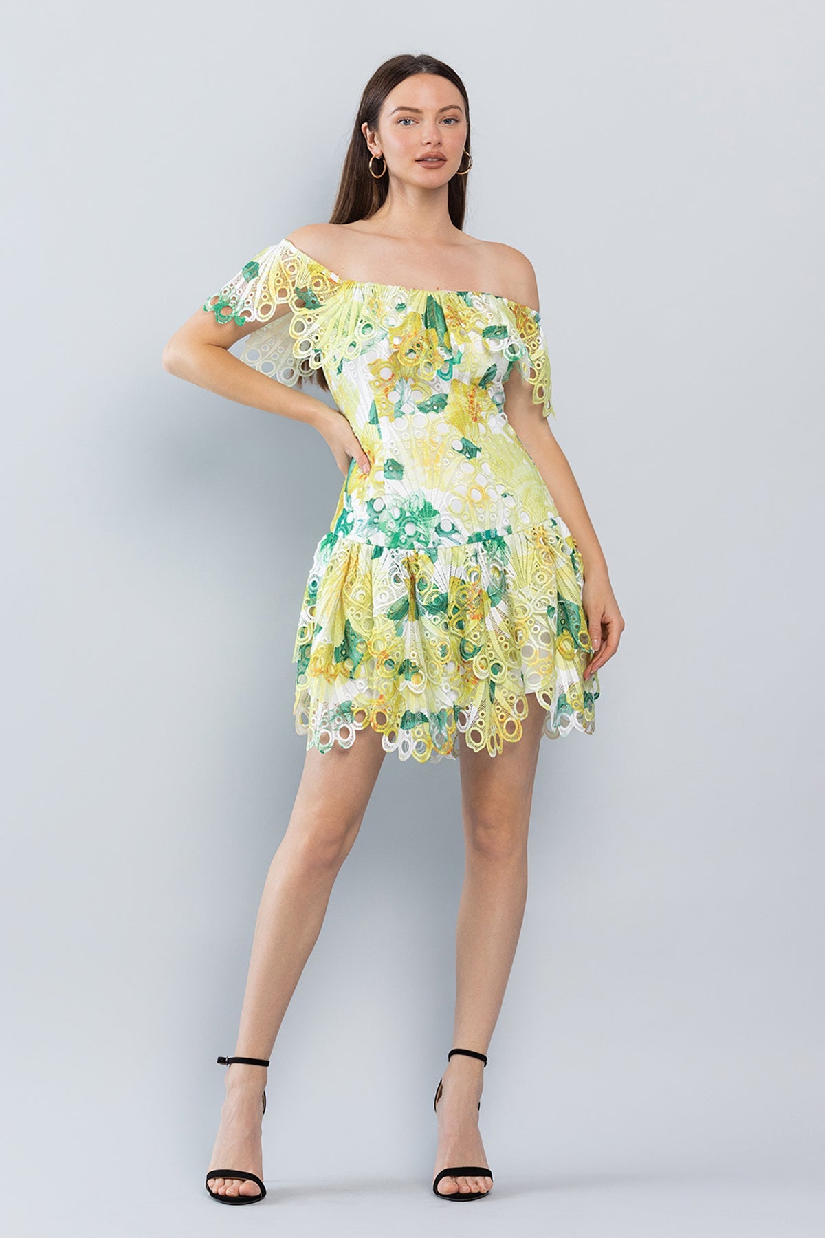 Cocktail Dresses Short Off Shoulder Printed Lace Dress Lt. Green Print