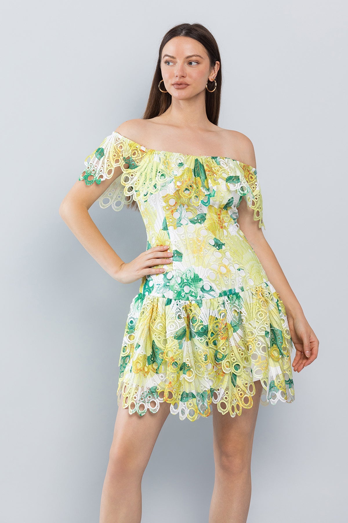 Cocktail Dresses Short Off Shoulder Printed Lace Dress Lt. Green Print