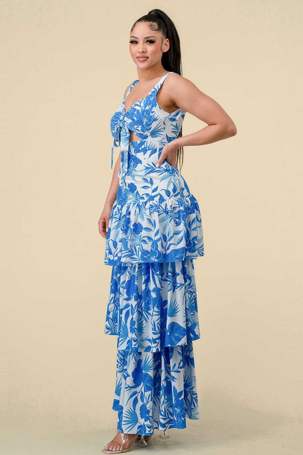 Formal Dresses Long Sleeveless Printed Layer Maxi Dress Blue