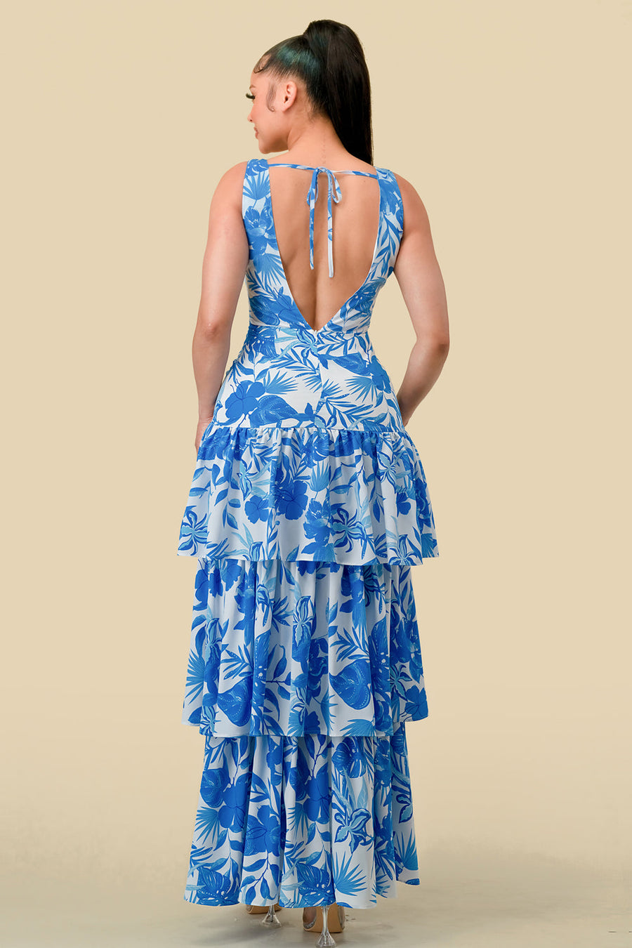 Formal Dresses Long Sleeveless Printed Layer Maxi Dress Blue