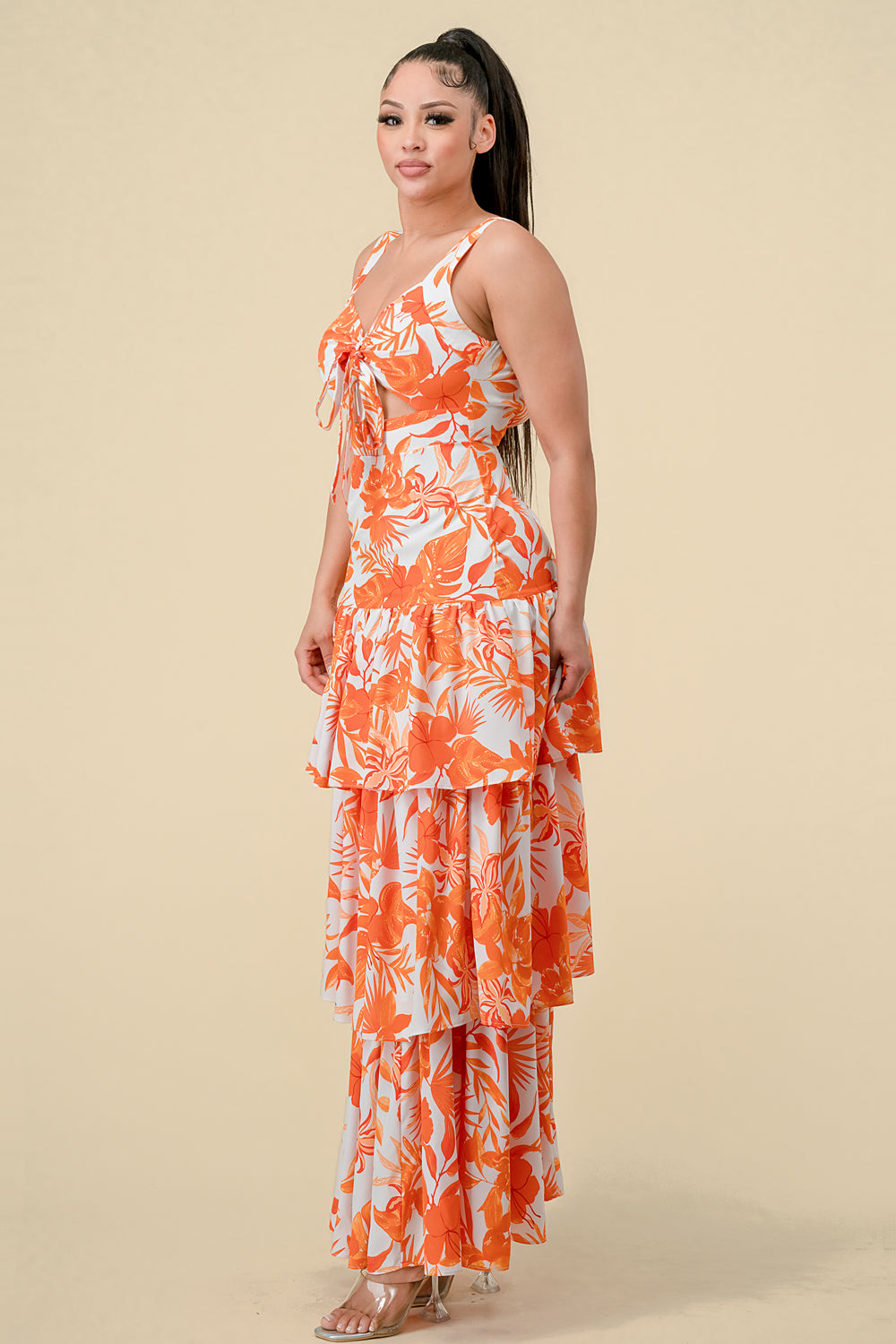 Formal Dresses Long Sleeveless Printed Layer Maxi Dress Orange