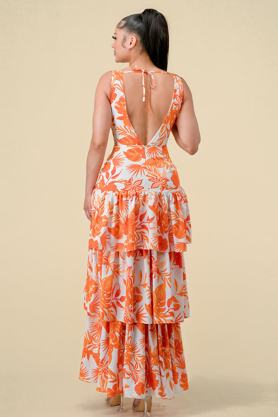 Formal Dresses Long Sleeveless Printed Layer Maxi Dress Orange
