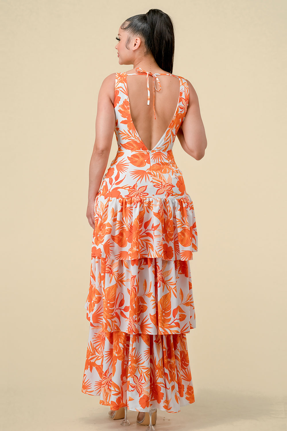 Formal Dresses Long Sleeveless Printed Layer Maxi Dress Orange