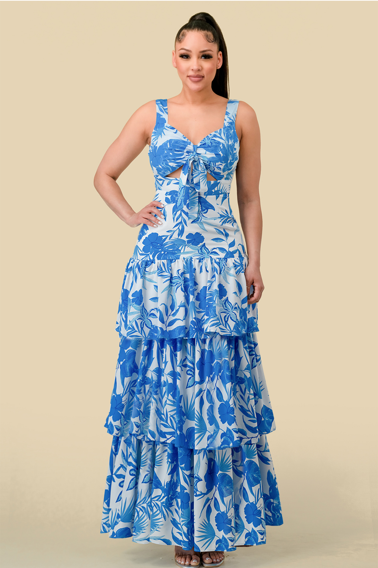 Formal Dresses Long Sleeveless Printed Layer Maxi Dress Blue