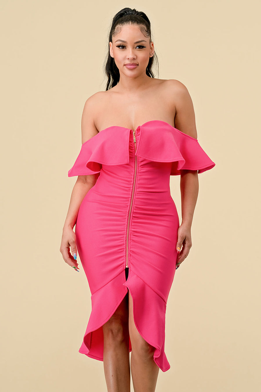 Cocktail Dresses High Low Ruffle Off Shoulder Dress Pink