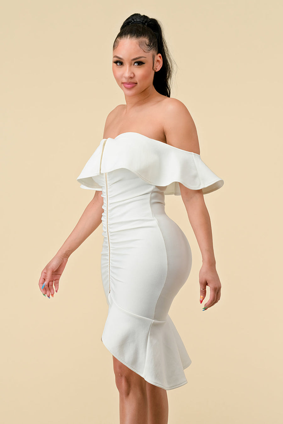 Cocktail Dresses High Low Ruffle Off Shoulder Dress Off White
