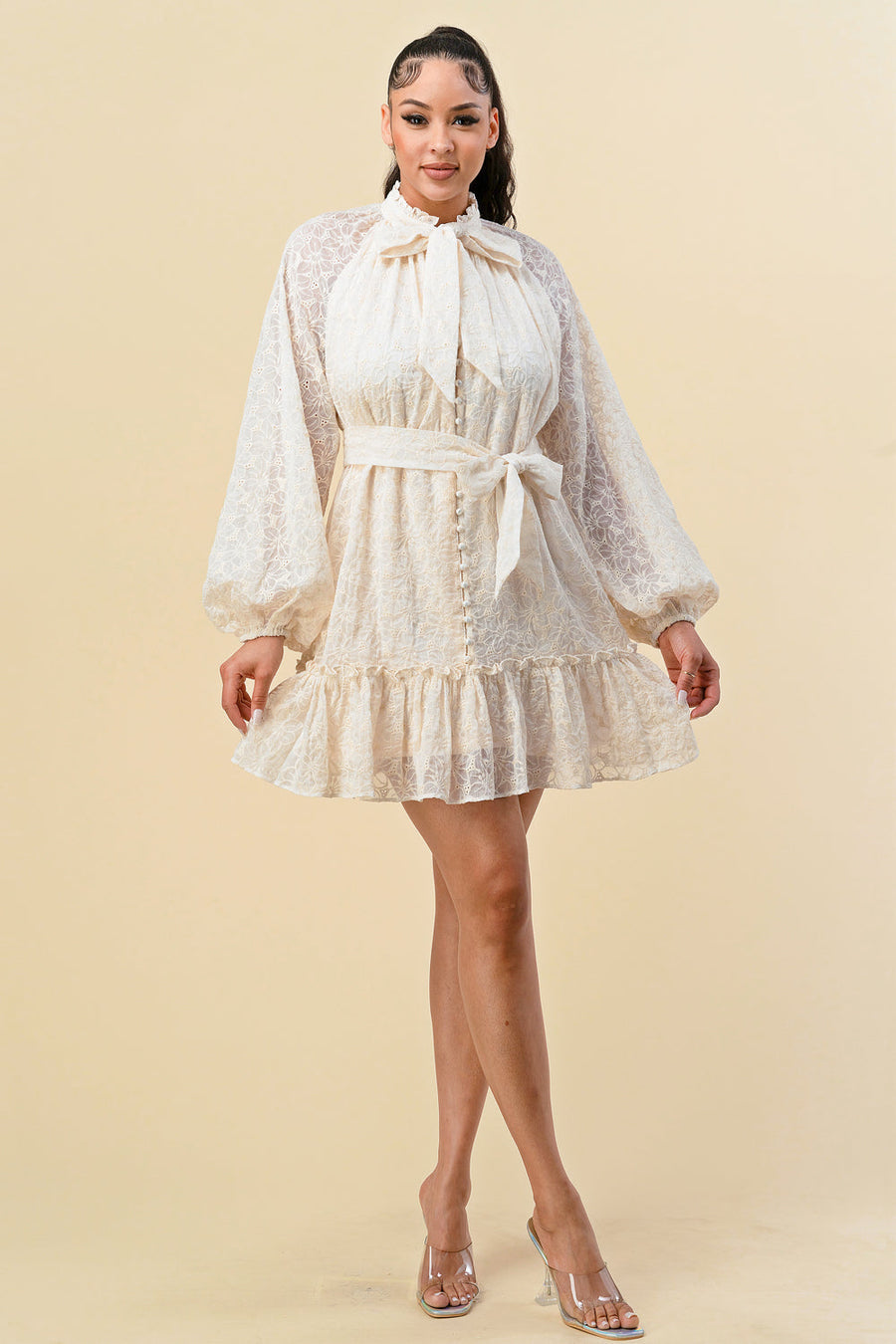 Cocktail Dresses Long Sleeve Button Down Ruffle Dress Cream