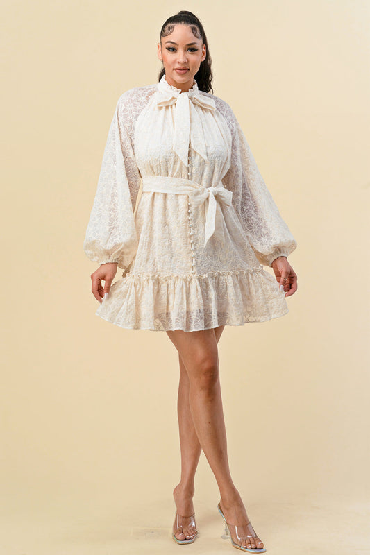 Cocktail Dresses Long Sleeve Button Down Ruffle Dress Cream