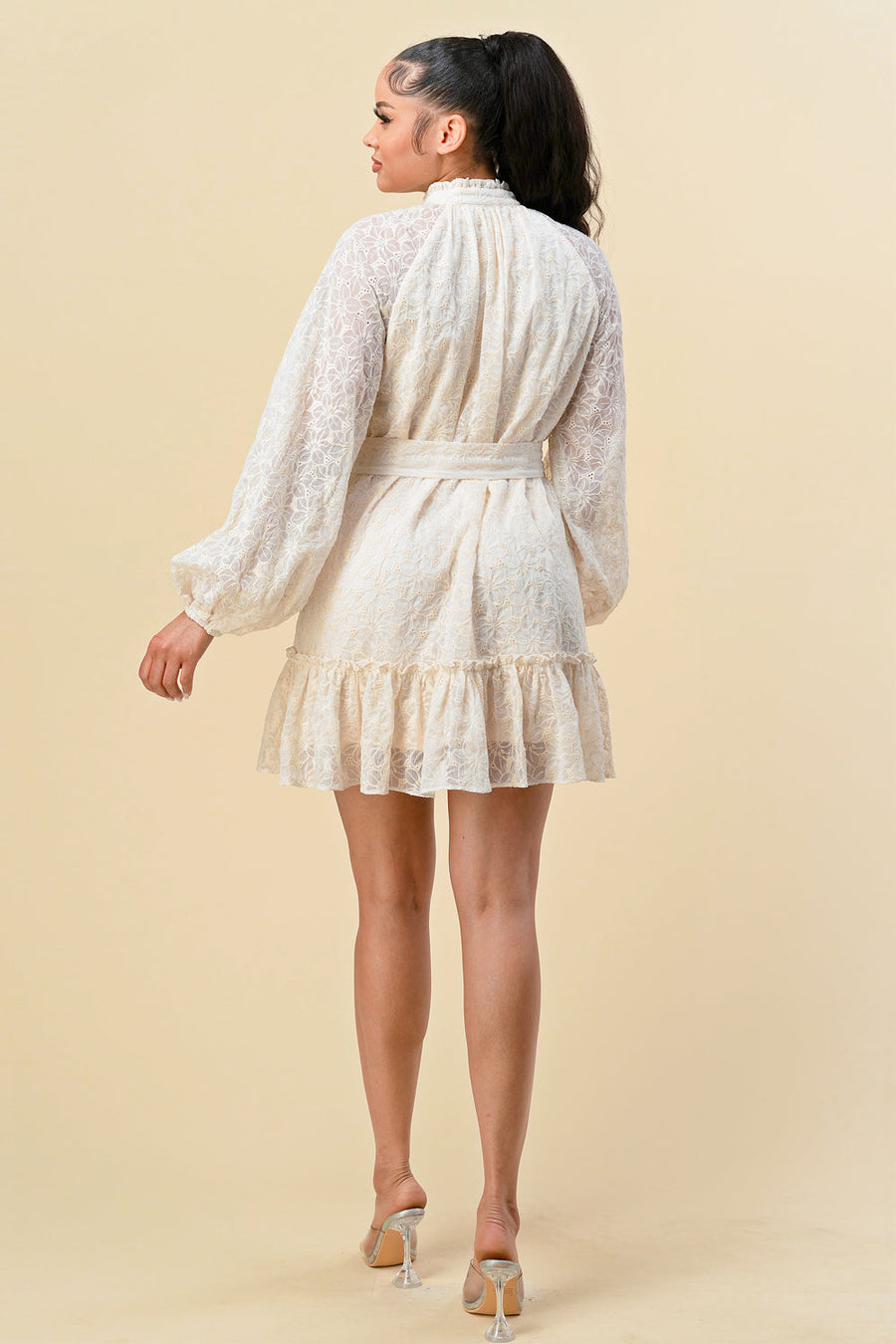 Cocktail Dresses Long Sleeve Button Down Ruffle Dress Cream