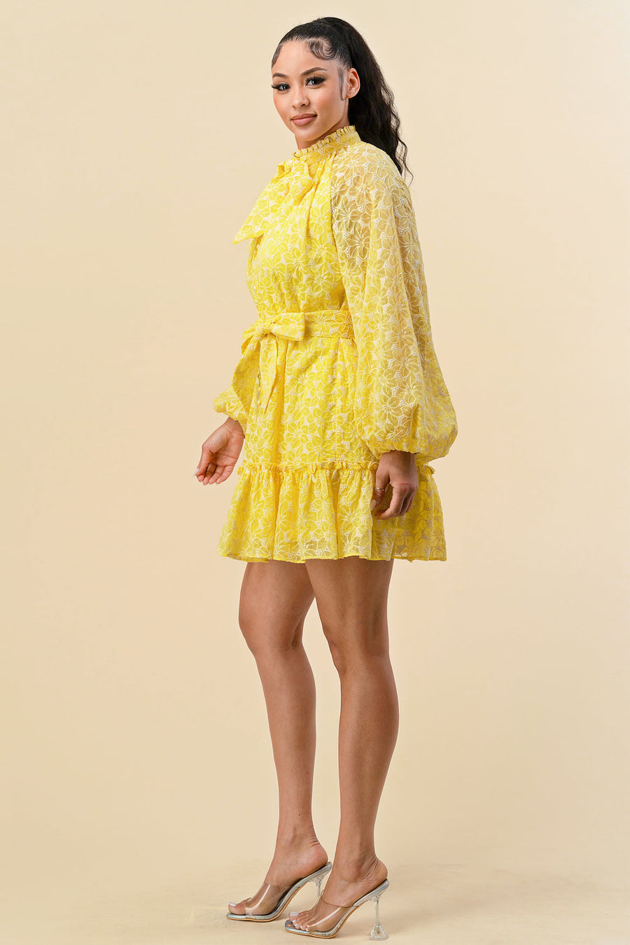 Cocktail Dresses Long Sleeve Button Down Ruffle Dress Yellow