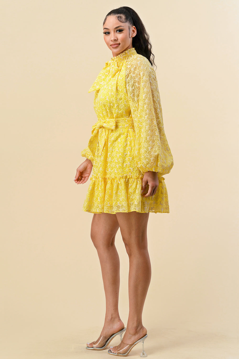 Cocktail Dresses Long Sleeve Button Down Ruffle Dress Yellow