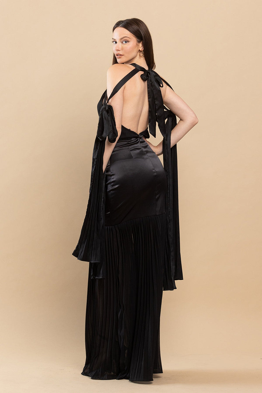 Formal Dresses Long Mermaid Pleated Satin Maxi Dress Black