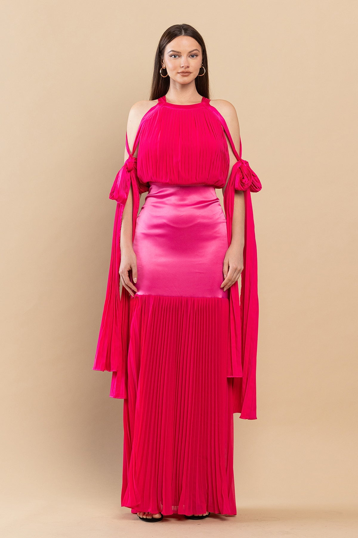 Formal Dresses Long Mermaid Pleated Satin Maxi Dress Fuchsia
