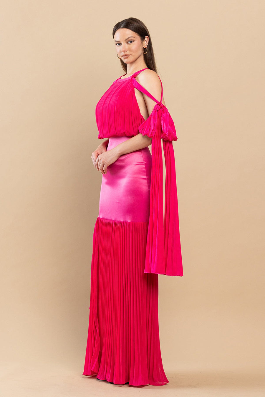 Formal Dresses Long Mermaid Pleated Satin Maxi Dress Fuchsia
