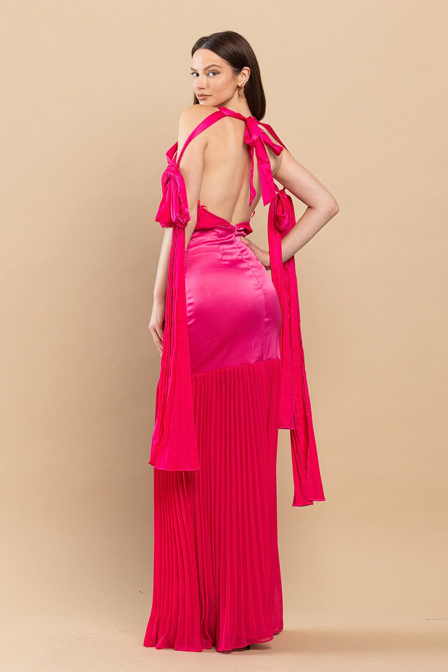 Formal Dresses Long Mermaid Pleated Satin Maxi Dress Fuchsia