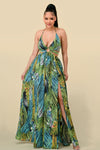 Formal Dresses Long Halter Tropical Print Slit Dress Teal/Green
