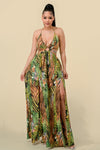 Formal Dresses Long Halter Tropical Print Slit Dress Orange/Green