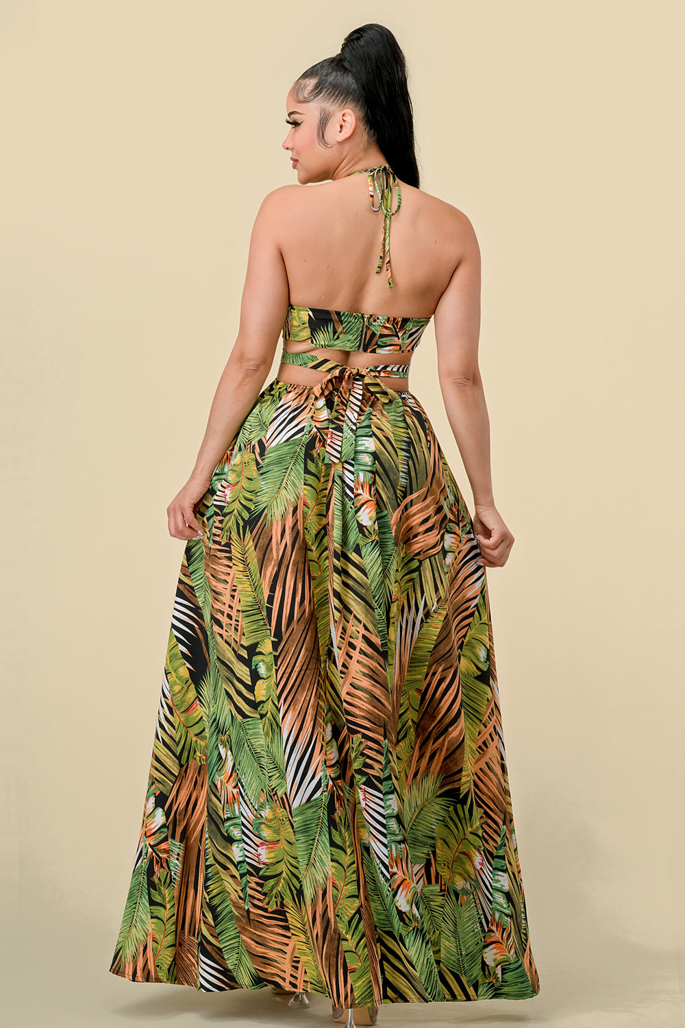 Formal Dresses Long Halter Tropical Print Slit Dress Orange/Green