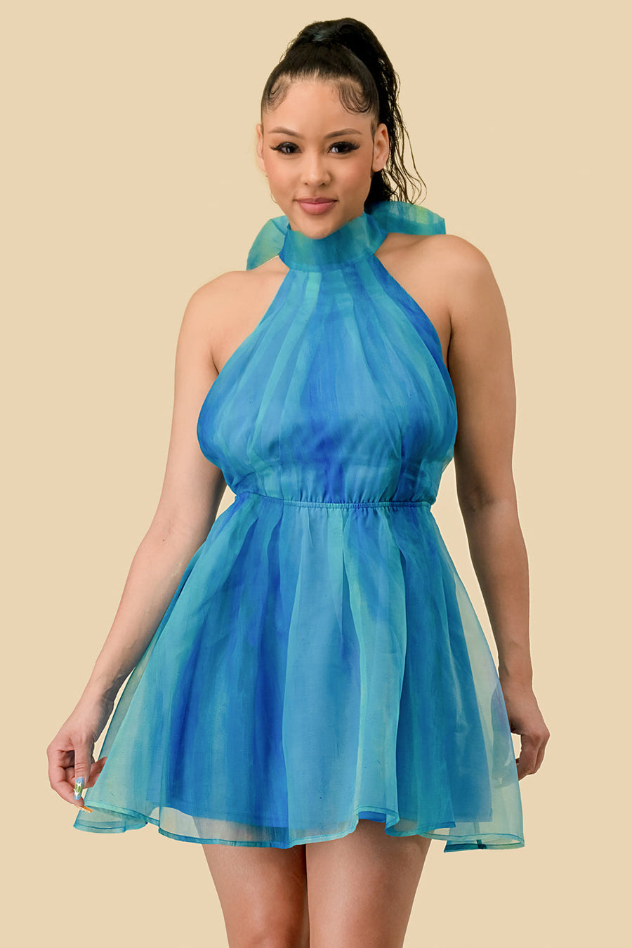 Cocktail Dresses Ombre Halter Organza Short Dress Blue/Green