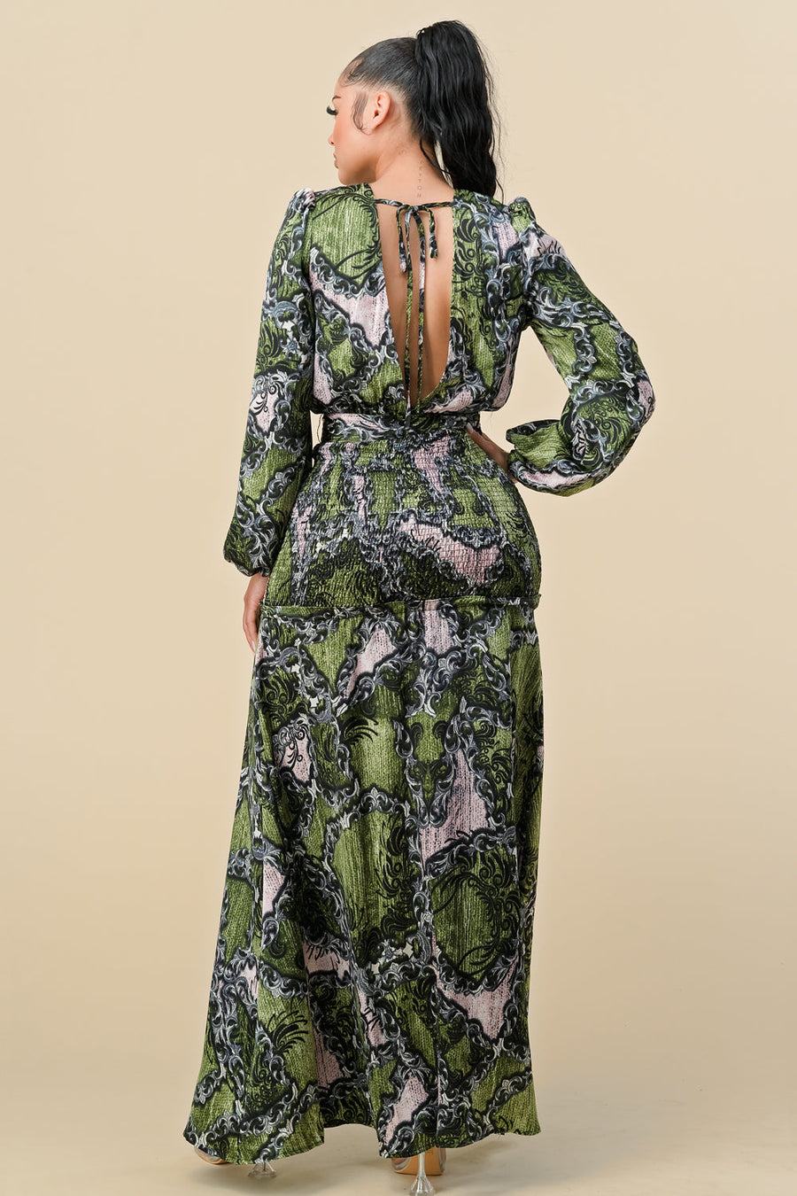 Formal Dresses Long Sleeve Printed Wrap Maxi Slit Dress Olive