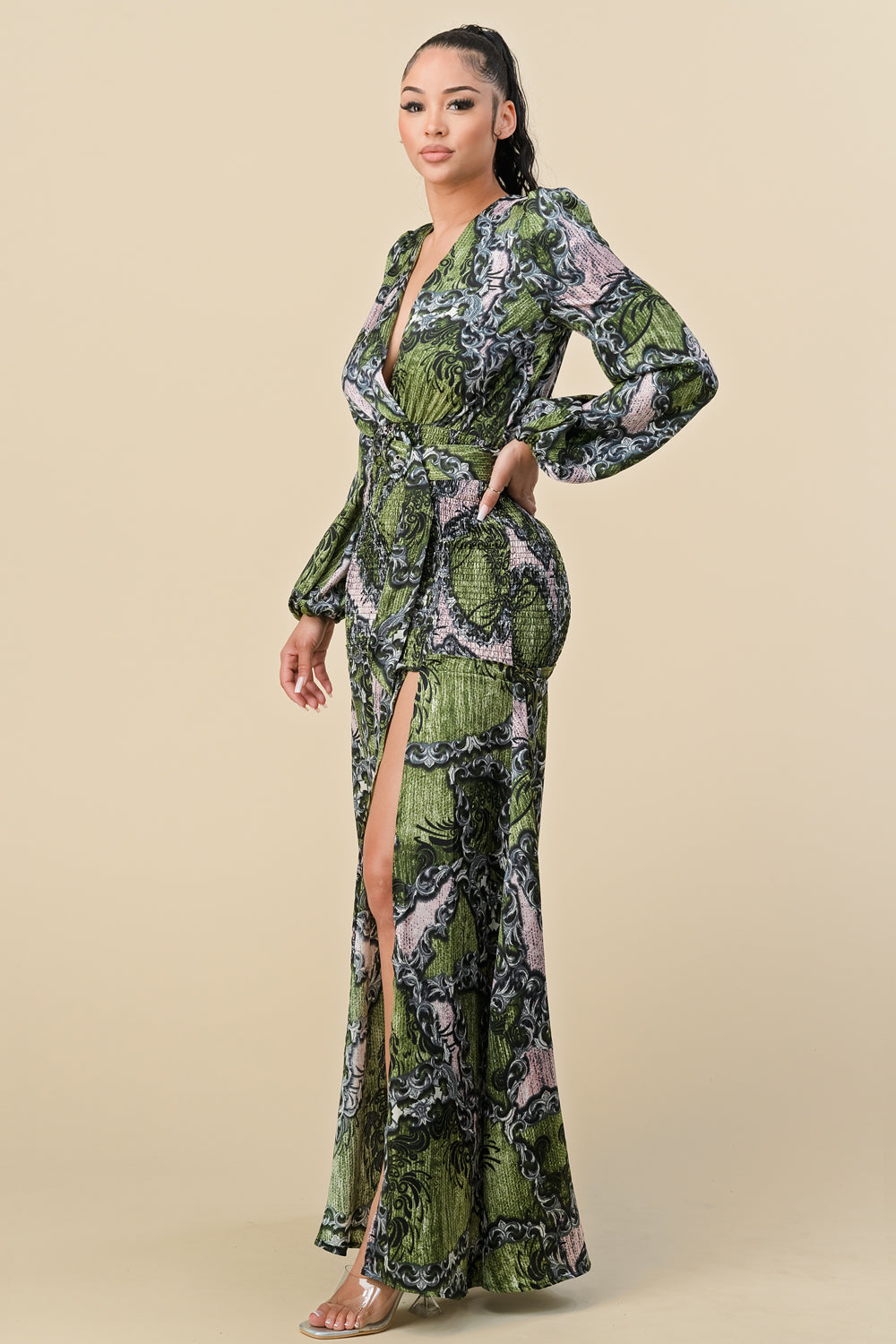Formal Dresses Long Sleeve Printed Wrap Maxi Slit Dress Olive
