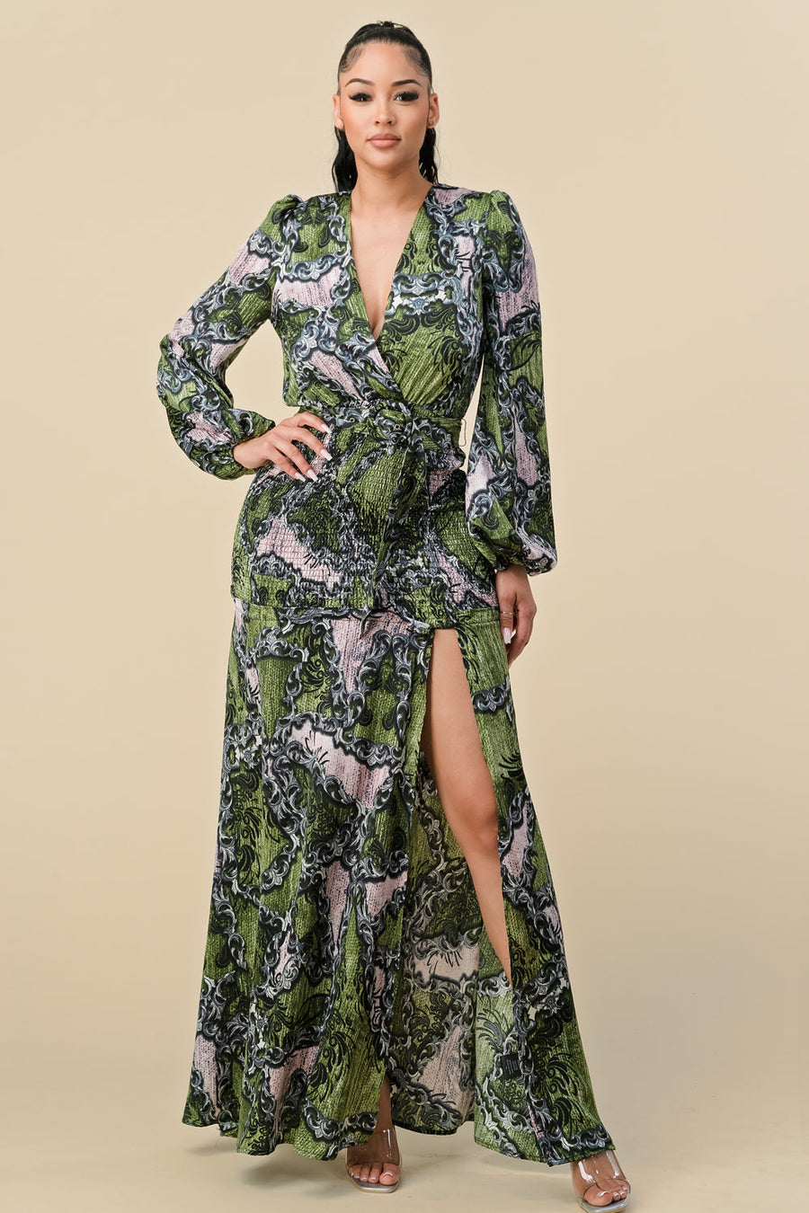 Formal Dresses Long Sleeve Printed Wrap Maxi Slit Dress Olive