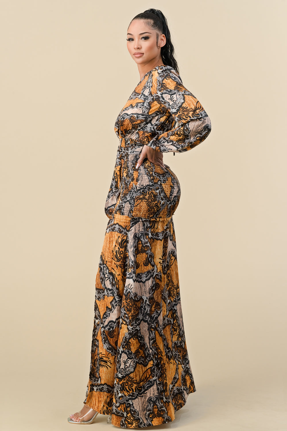 Formal Dresses Long Sleeve Printed Wrap Maxi Slit Dress Brown