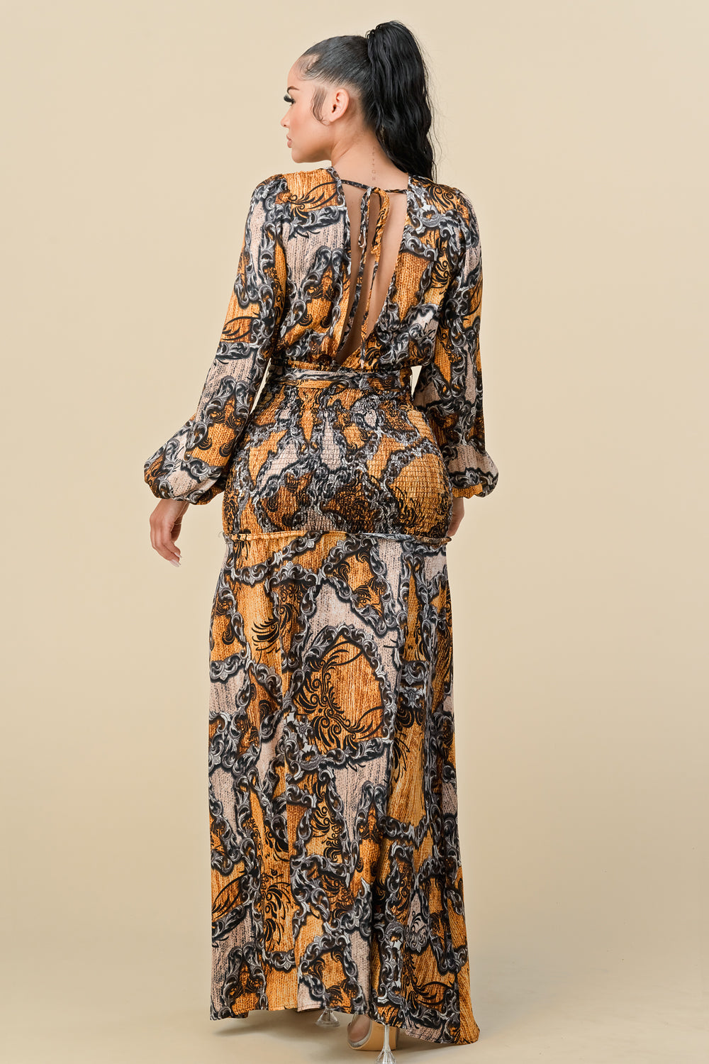 Formal Dresses Long Sleeve Printed Wrap Maxi Slit Dress Brown