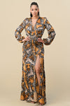 Formal Dresses Long Sleeve Printed Wrap Maxi Slit Dress Brown