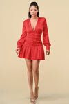 Cocktail Dresses Long Sleeve V Neck Mini Skirt Dress Red