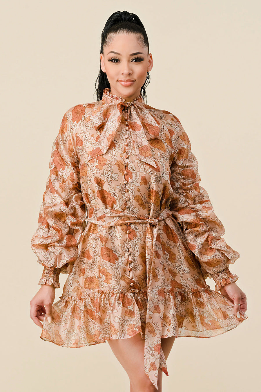 Cocktail Dresses Long Sleeve Printed Ruffled Mini Dress Rust Combo