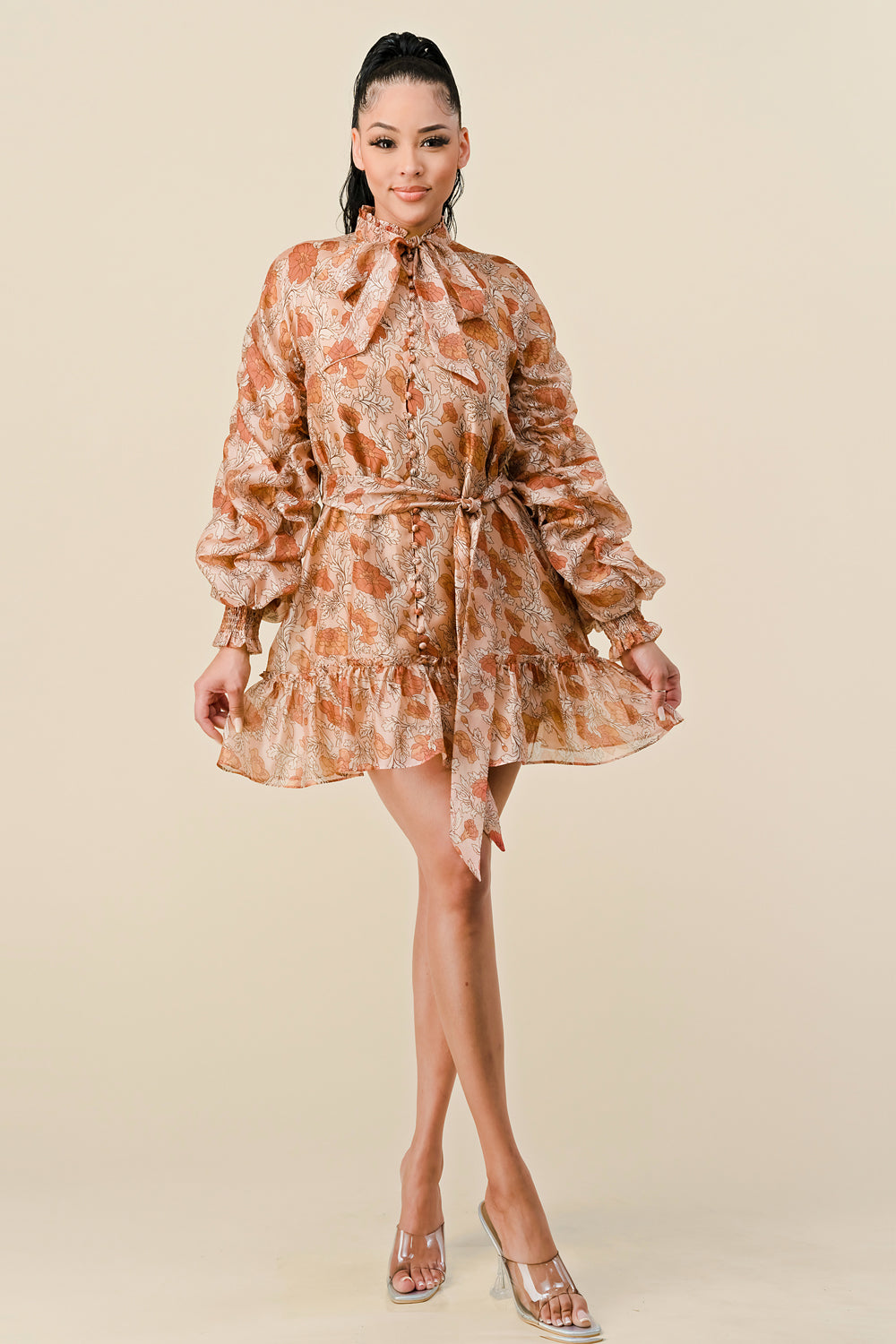 Cocktail Dresses Long Sleeve Printed Ruffled Mini Dress Rust Combo