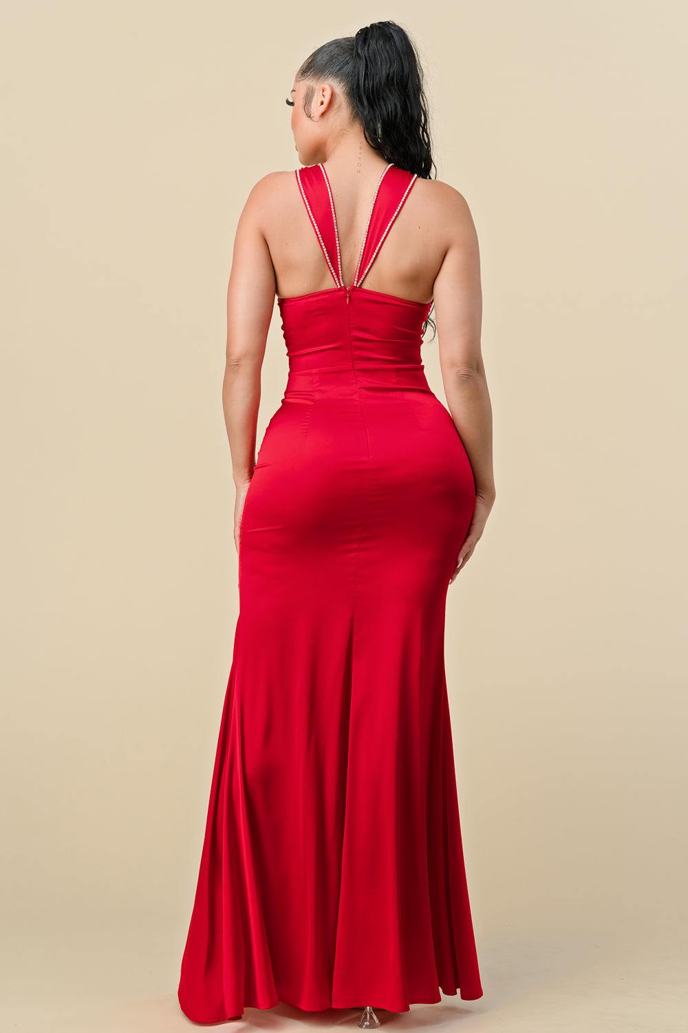 Prom Dresses Long Halter Fitted Slit Maxi Dress Red