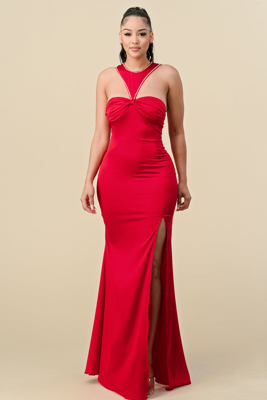 Prom Dresses Long Halter Fitted Slit Maxi Dress Red