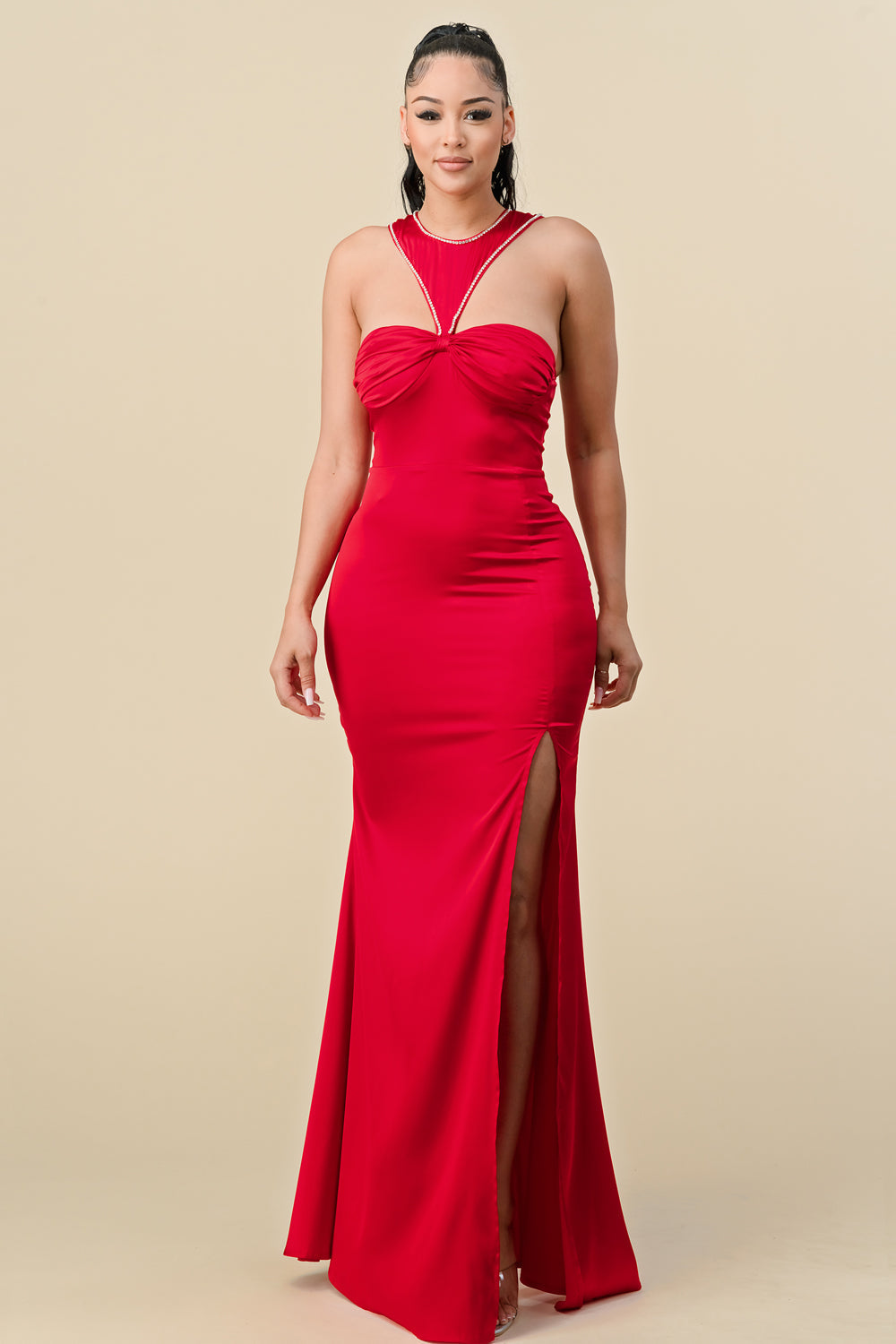 Prom Dresses Long Halter Fitted Slit Maxi Dress Red