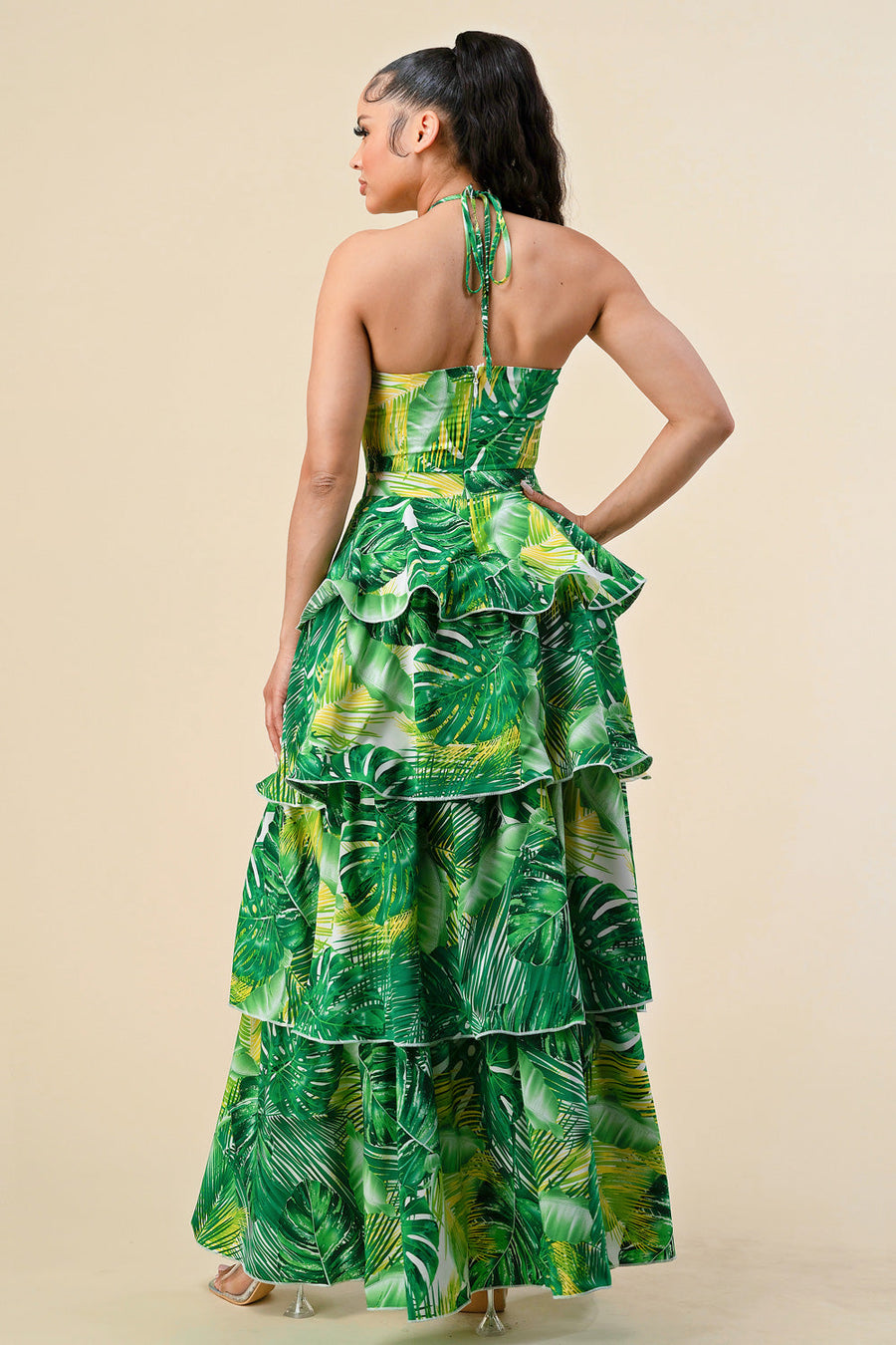 Formal Dresses Long Tropical Print Ruffle Halter Maxi Dress Green Combo