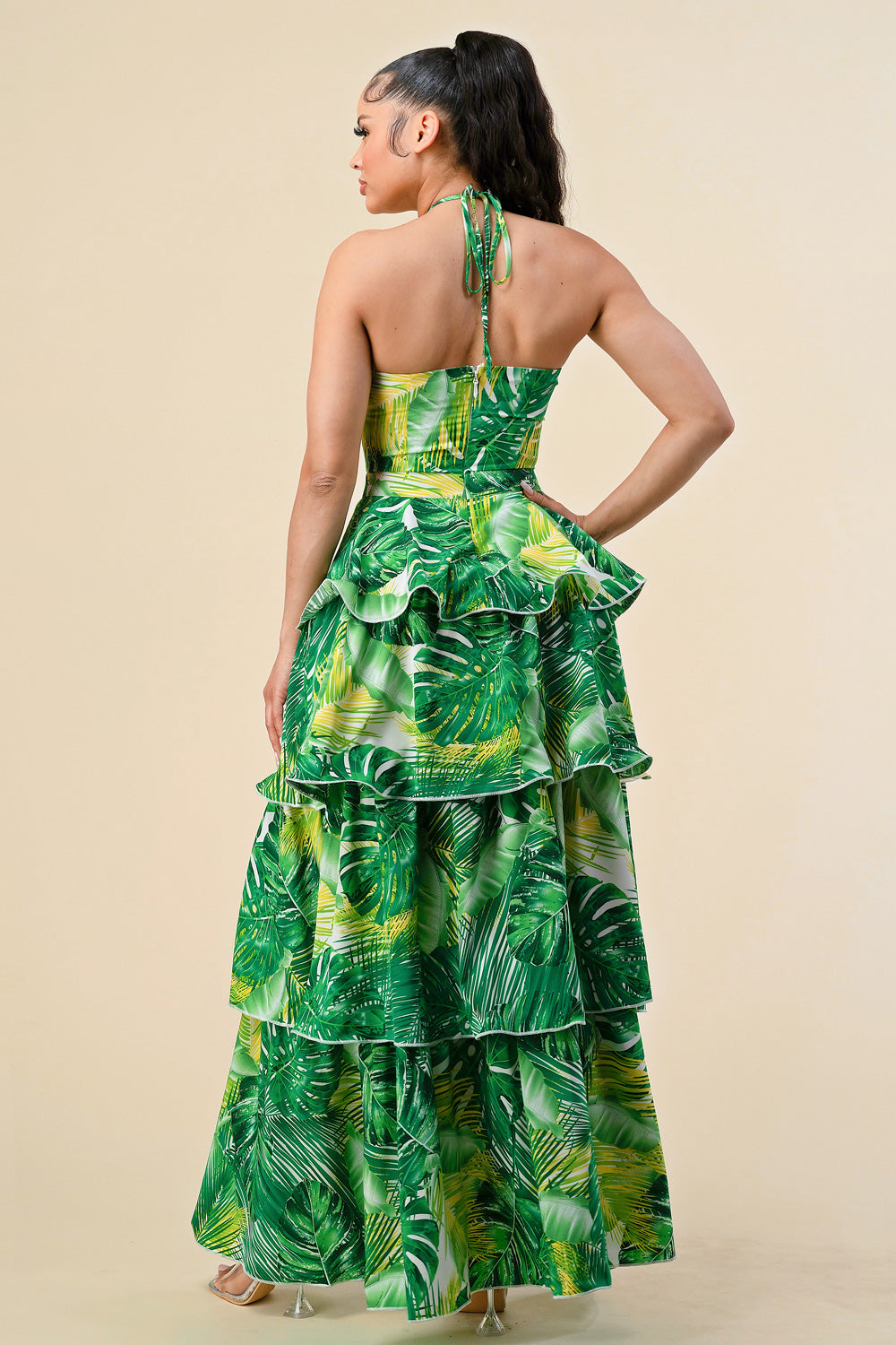 Formal Dresses Long Tropical Print Ruffle Halter Maxi Dress Green Combo