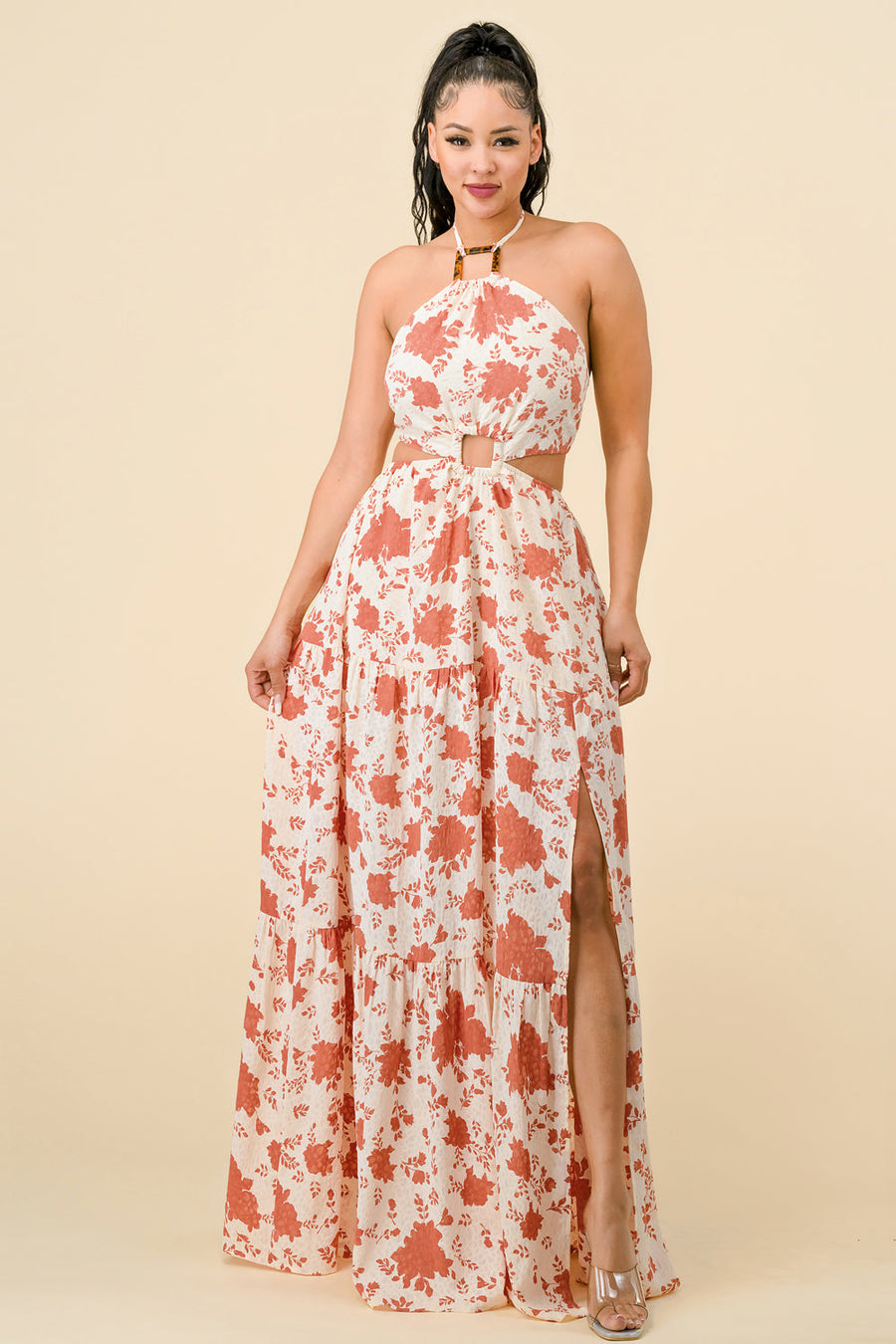 Formal Dresses Long Halter Neck Printed Maxi Dress D. Rose Combo
