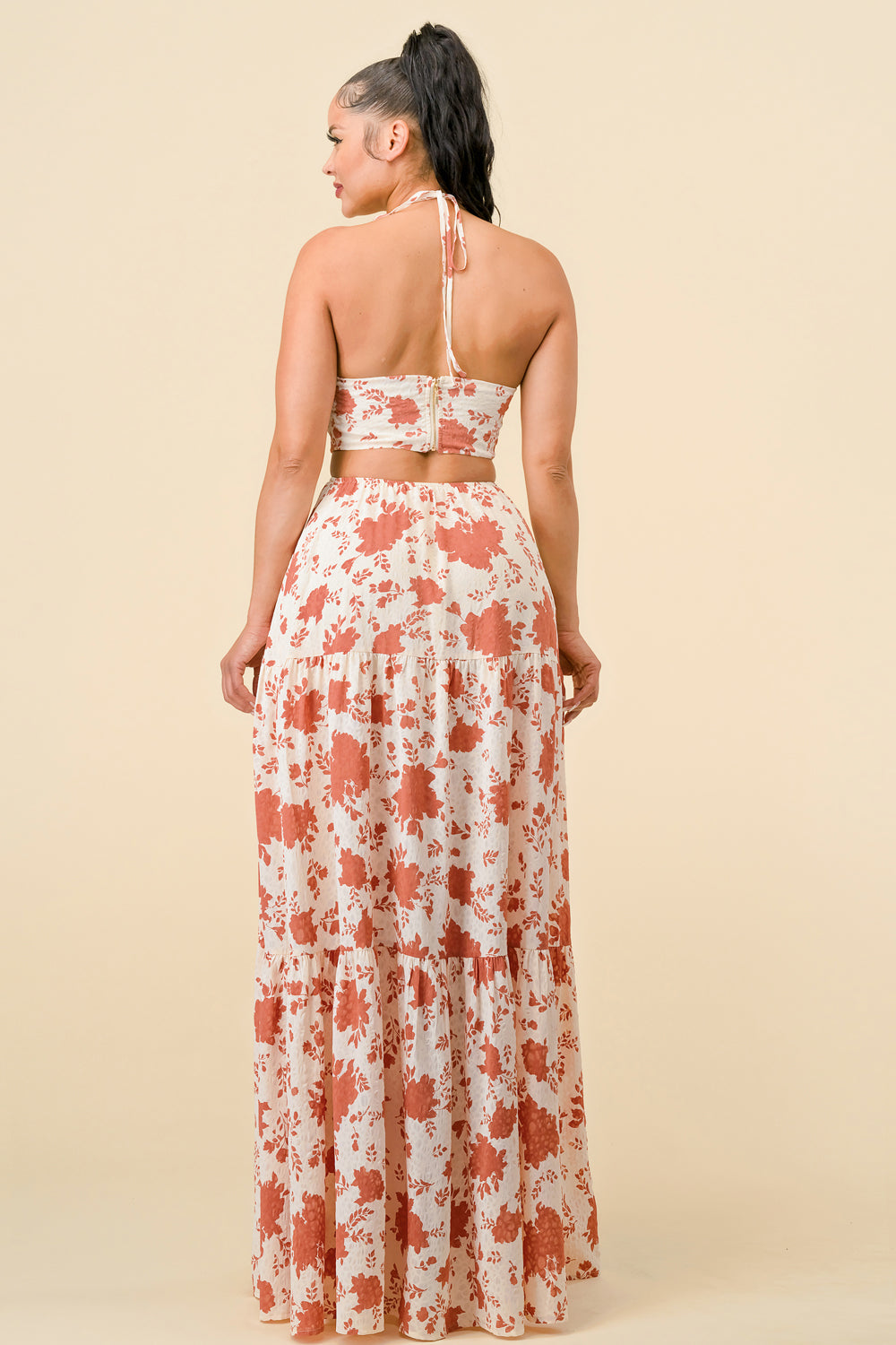 Formal Dresses Long Halter Neck Printed Maxi Dress D. Rose Combo