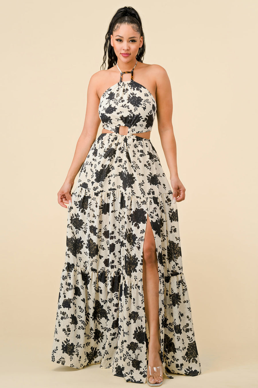 Formal Dresses Long Halter Neck Printed Maxi Dress Black Combo