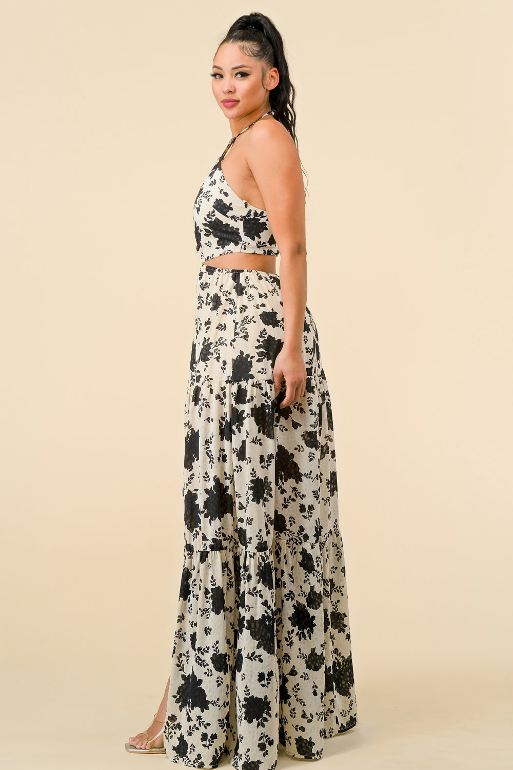 Formal Dresses Long Halter Neck Printed Maxi Dress Black Combo