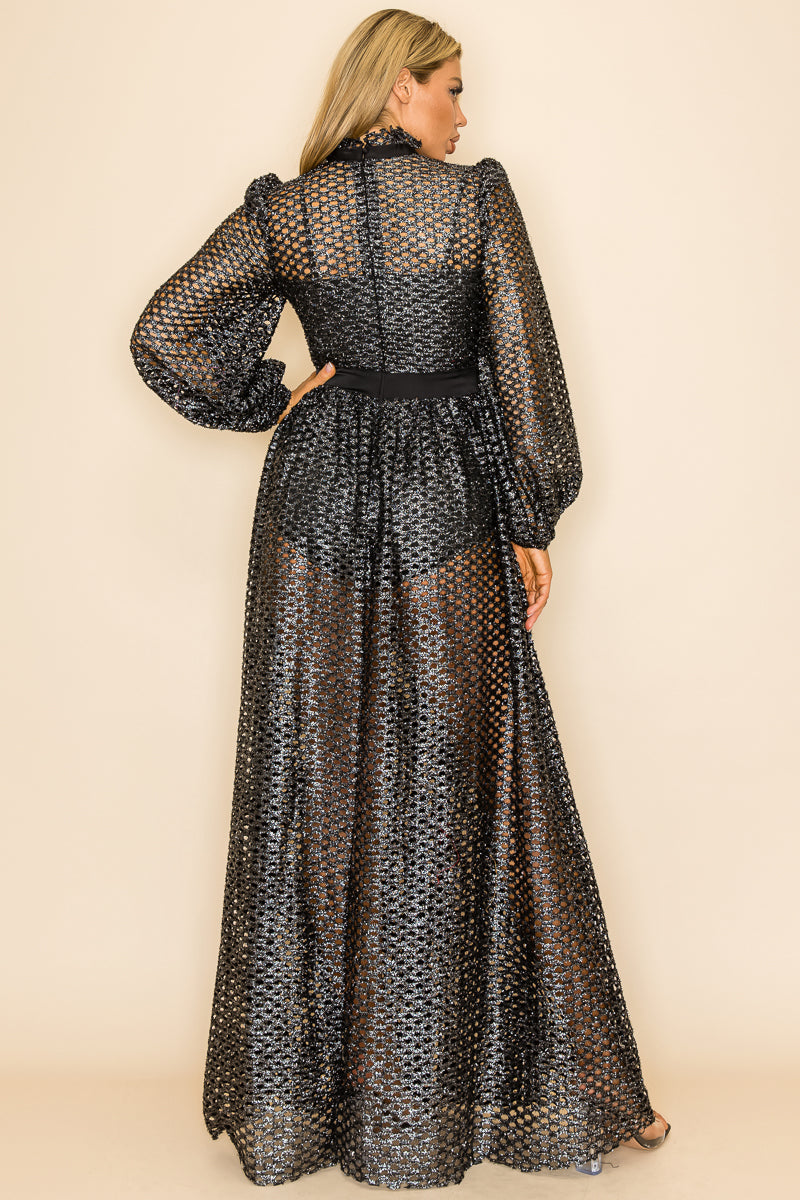 Formal Dresses Long Sleeve See Through Slit Dress Black/Silver