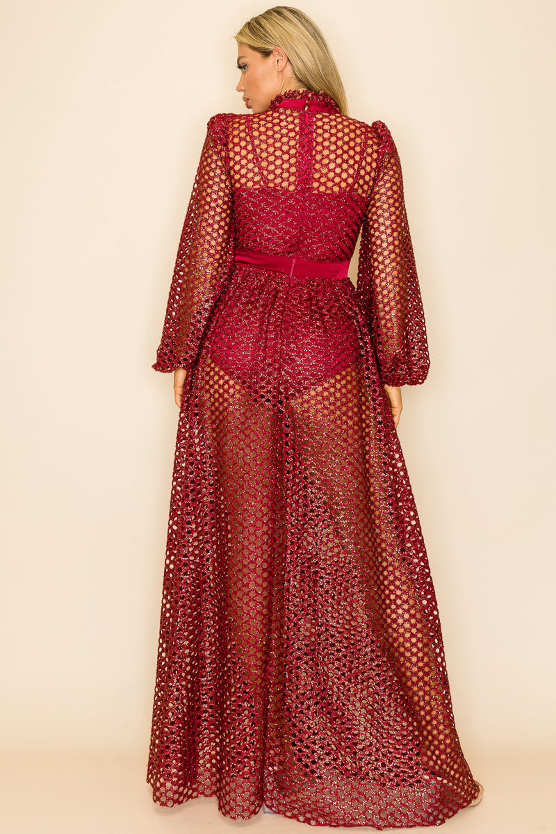 Formal Dresses Long Sleeve See Through Slit Dress Burgundy