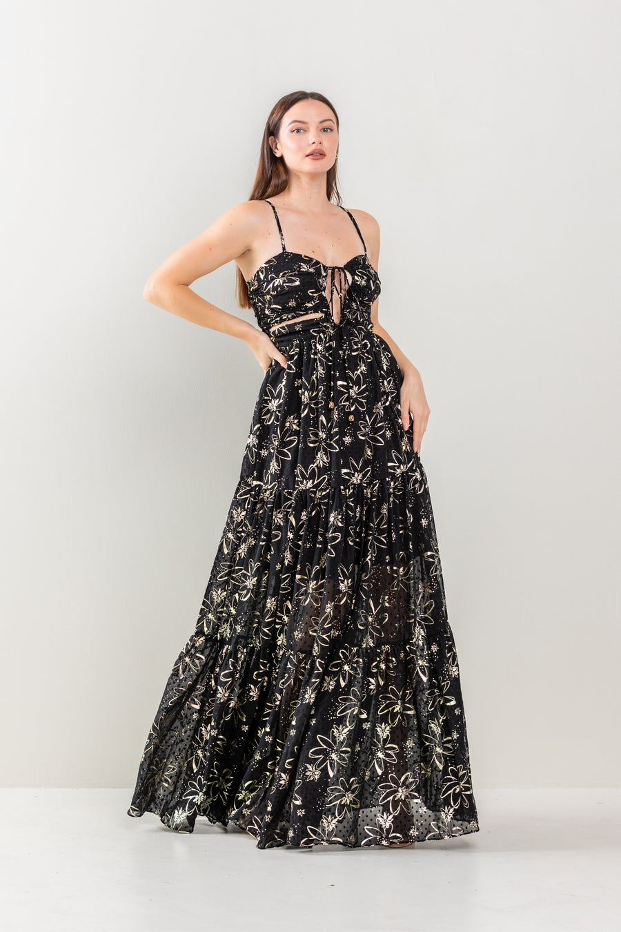 Formal Dresses Long Floral Print Tiered Maxi Dress Black/Gold
